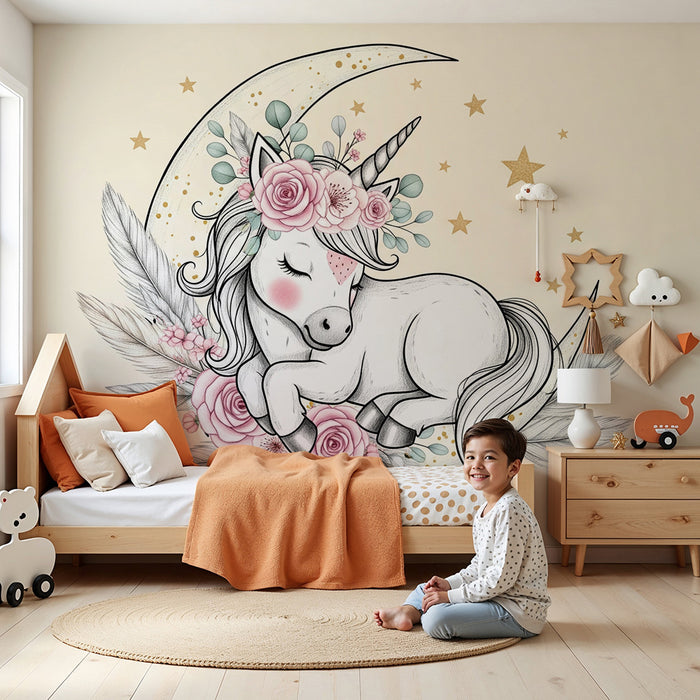 Papier peint chambre bébé | Licorne endormie sous la lune