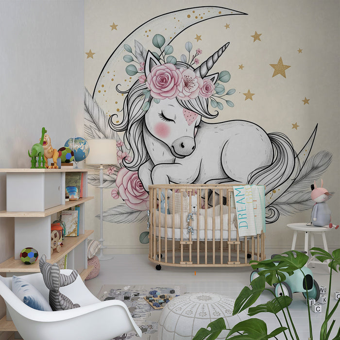 Papier peint chambre bébé | Licorne endormie sous la lune