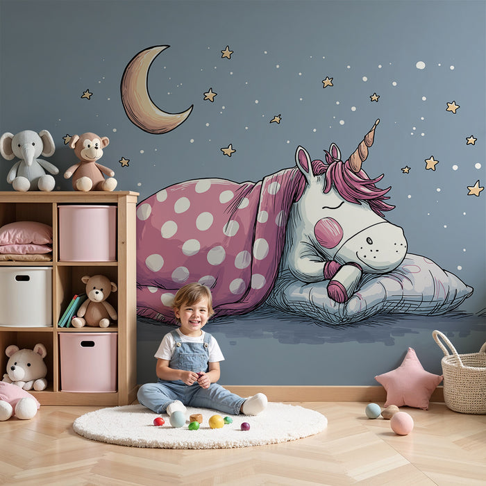 Papier peint chambre bébé | Licorne endormie sous un ciel étoilé