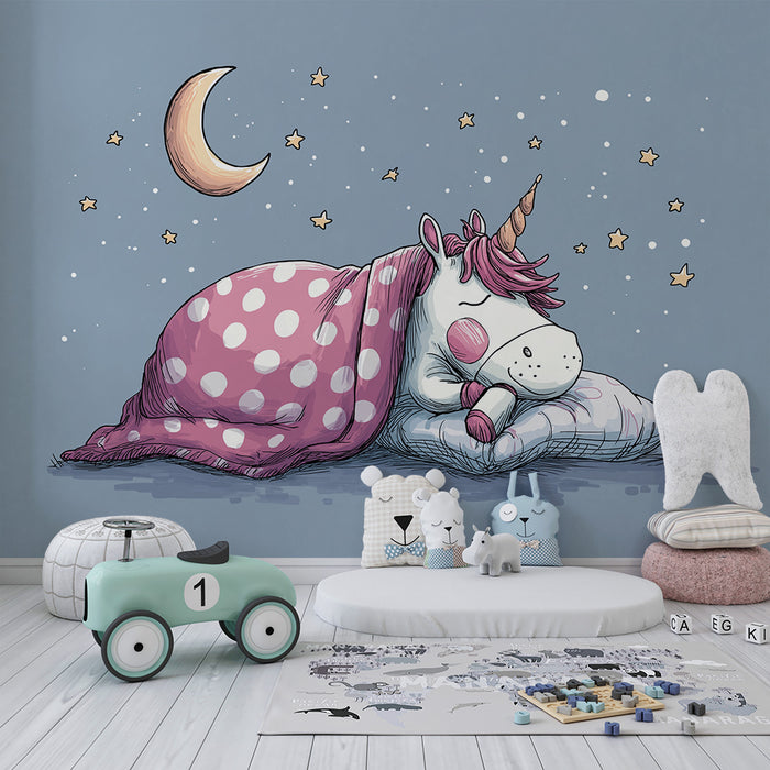 Papier peint chambre bébé | Licorne endormie sous un ciel étoilé