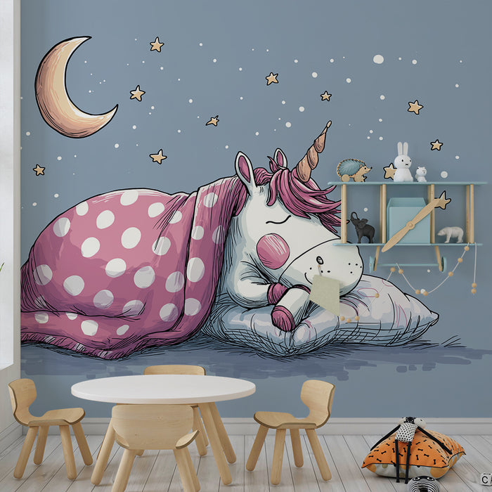 Papier peint chambre bébé | Licorne endormie sous un ciel étoilé