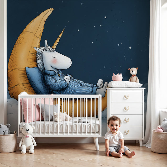Børneværelse tapet | Søvnig enhjørning på en månesigd
