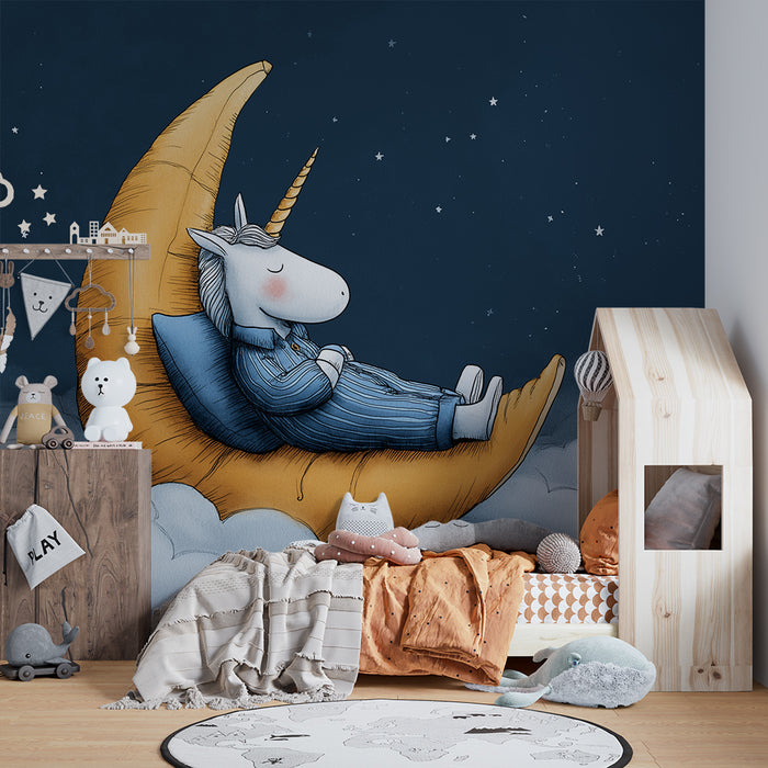 Børneværelse tapet | Søvnig enhjørning på en månesigd