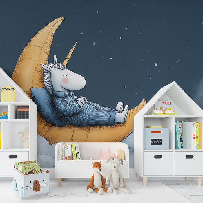 Børneværelse tapet | Søvnig enhjørning på en månesigd