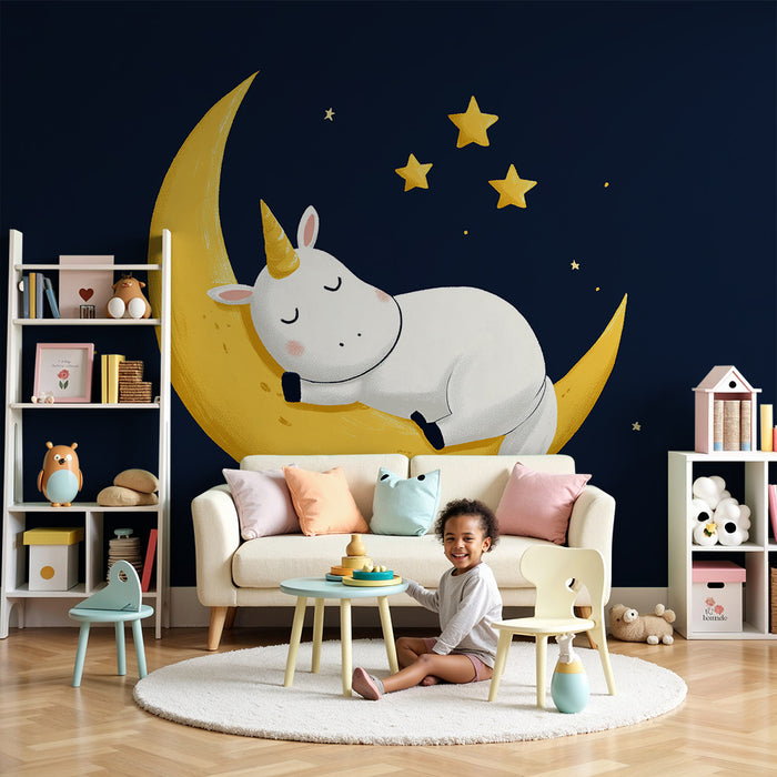 Papel de parede para quarto de bebé | Unicórnio a dormir num quarto de lua estrelado