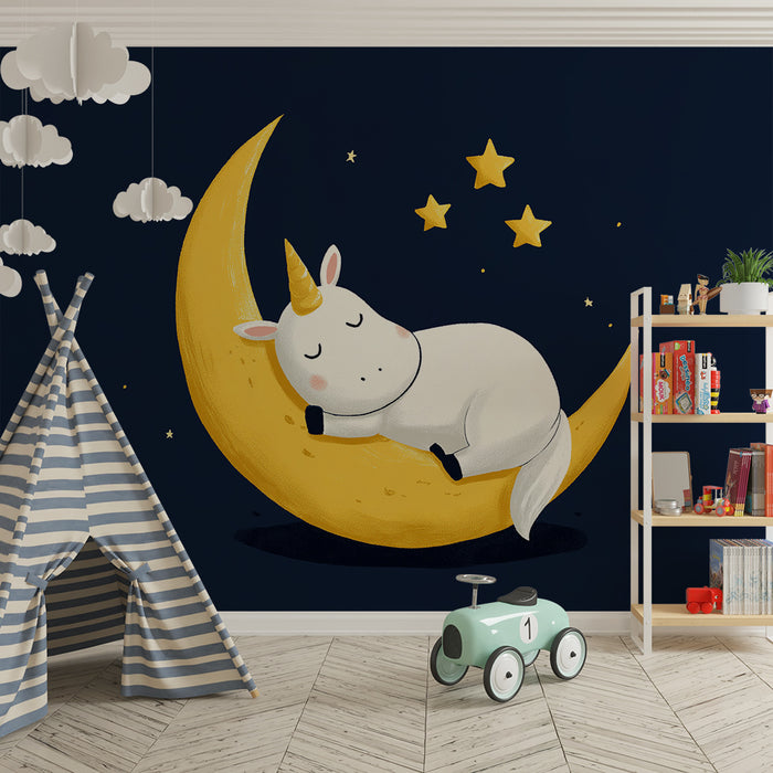 Papel de parede para quarto de bebé | Unicórnio a dormir num quarto de lua estrelado