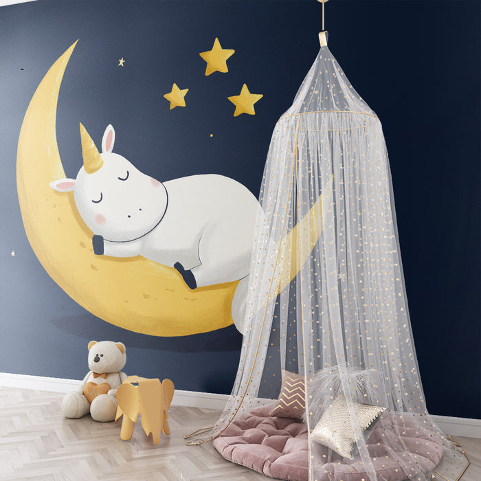 Papel de parede para quarto de bebé | Unicórnio a dormir num quarto de lua estrelado