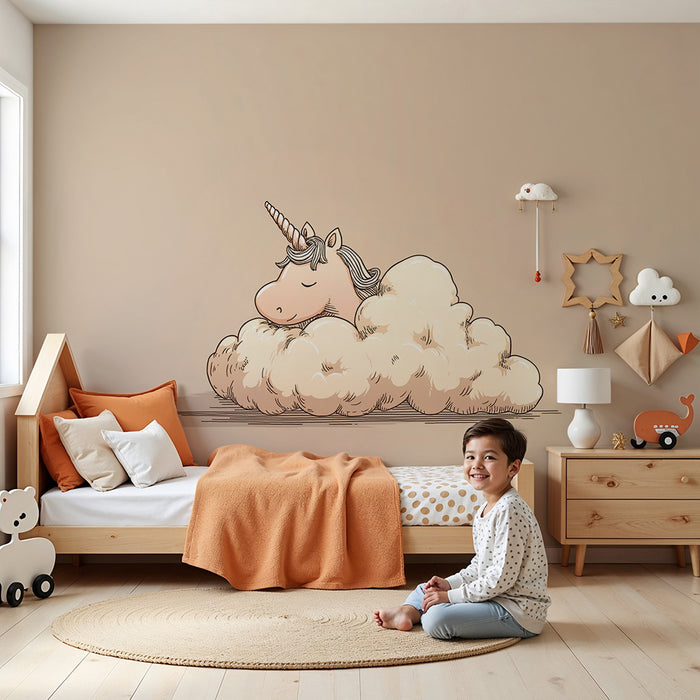 Babykamer behang | Slapende eenhoorn op een knusse wolk
