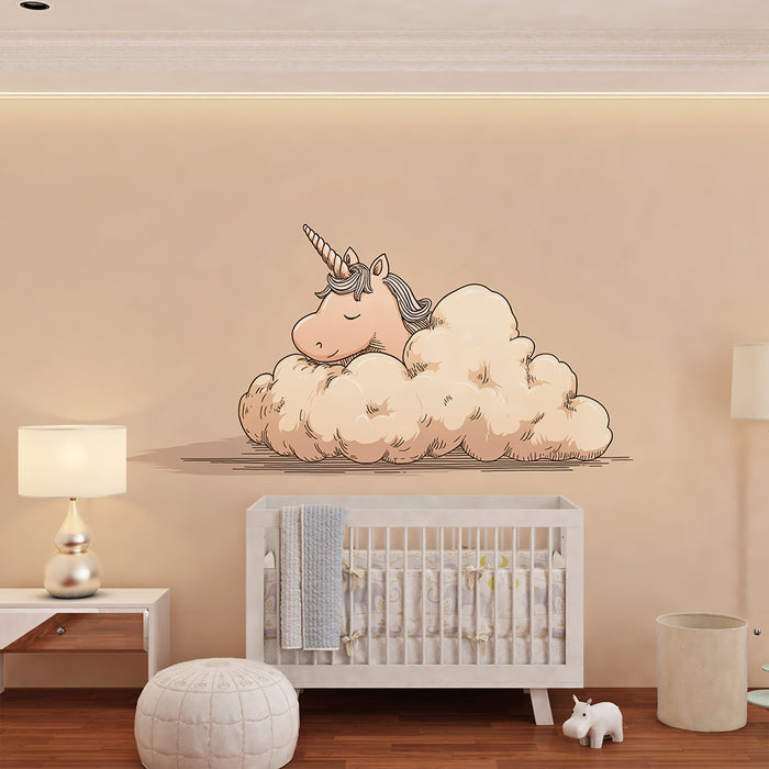 Babykamer behang | Slapende eenhoorn op een knusse wolk