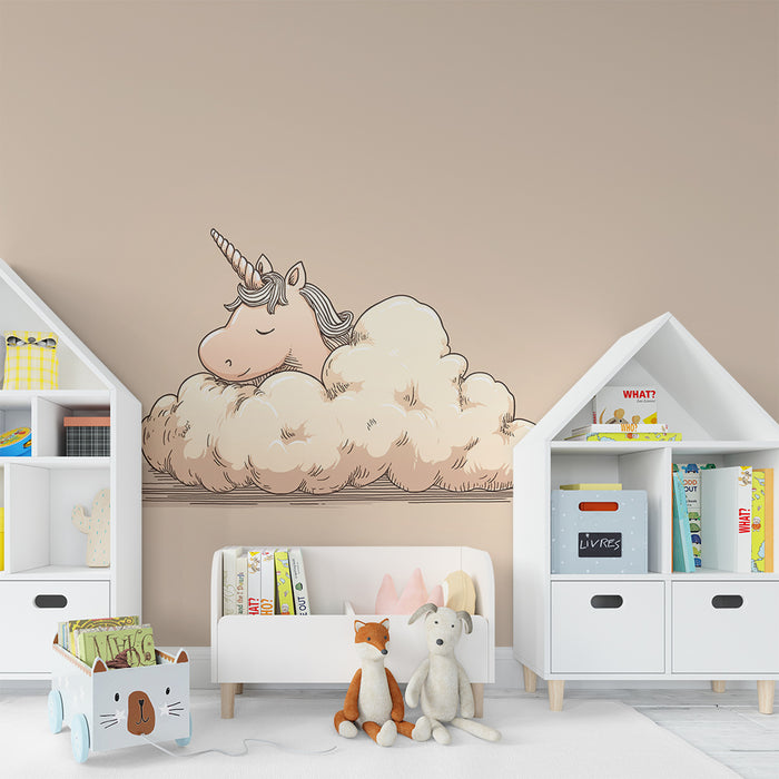 Babykamer behang | Slapende eenhoorn op een knusse wolk