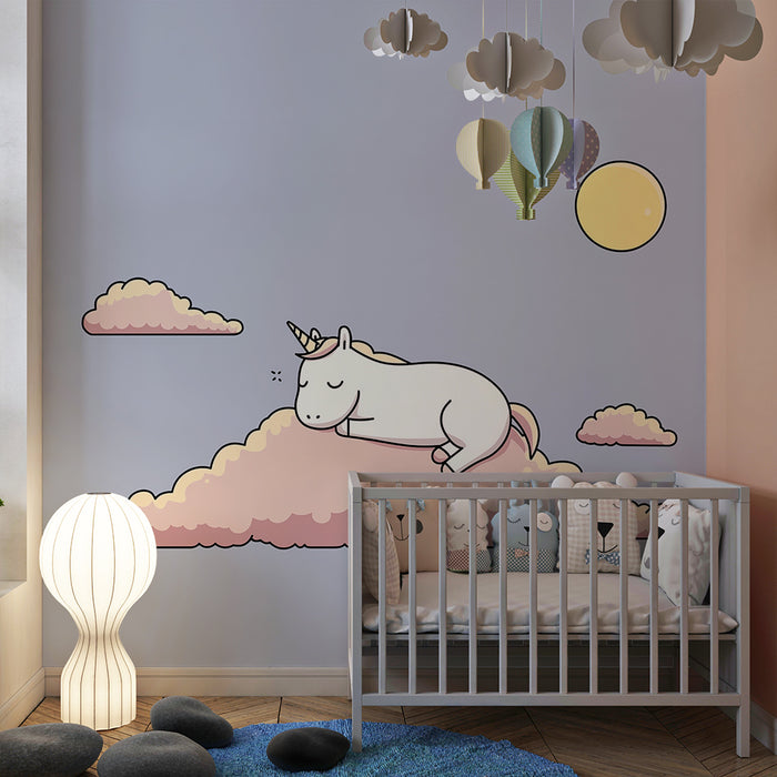 Papier peint chambre bébé | Licorne endormie sur un nuage pastel