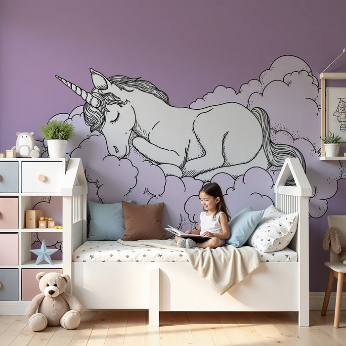 Børneværelse tapet | Søvende enhjørning på en lyserød sky