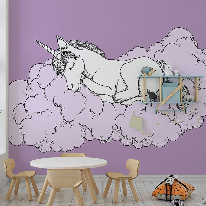 Børneværelse tapet | Søvende enhjørning på en lyserød sky