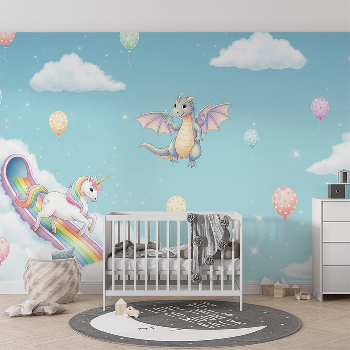 Papier peint chambre bébé | Licorne et dragon dans un ciel enchanté