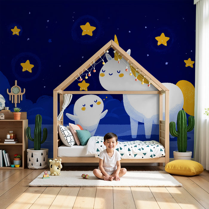 Papier peint chambre bébé | Licorne et étoile sous un ciel étoilé