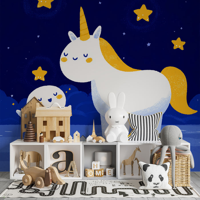 Papier peint chambre bébé | Licorne et étoile sous un ciel étoilé