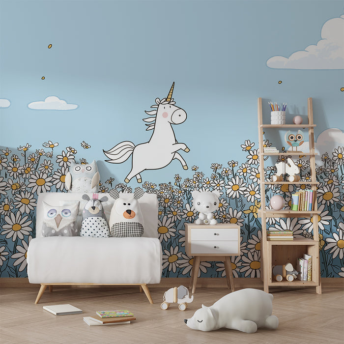 Papier peint chambre bébé | Licorne joyeuse dans un champ de marguerites en fleurs