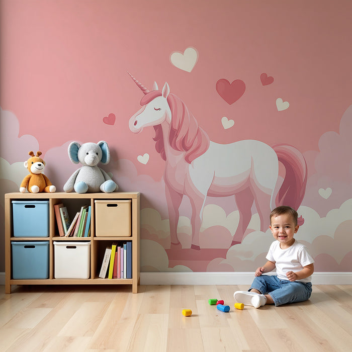 Papier peint chambre bébé | Licorne magique au milieu des nuages roses