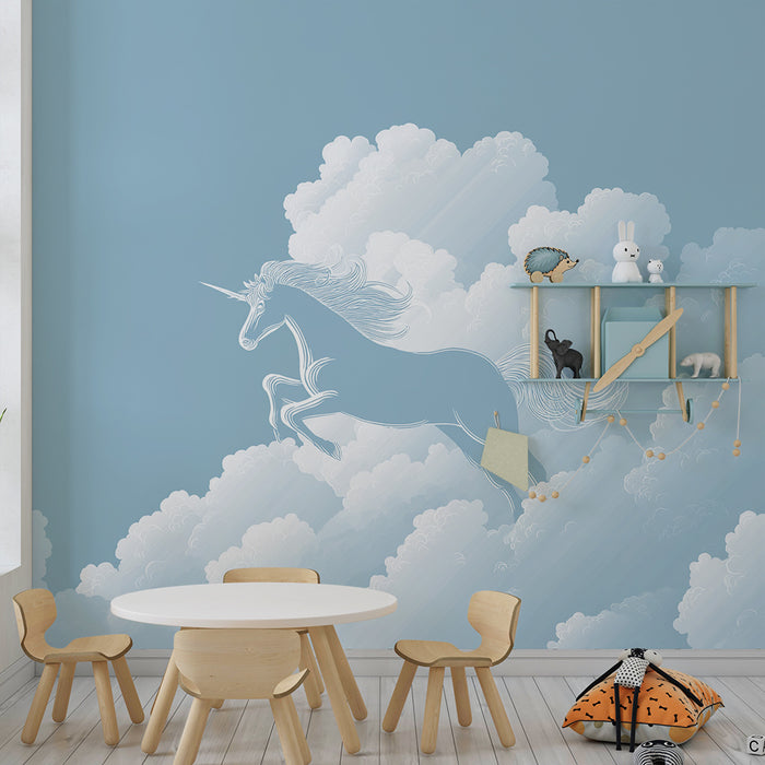 Børneværelse tapet | Magisk enhjørning i bløde skyer