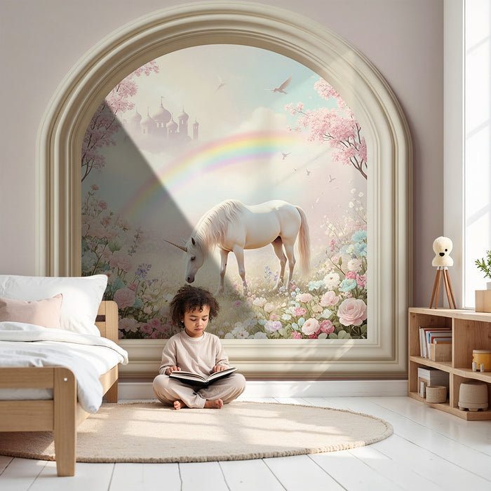 Papier peint chambre bébé | Licorne magique dans un jardin fleuri sous un arc-en-ciel