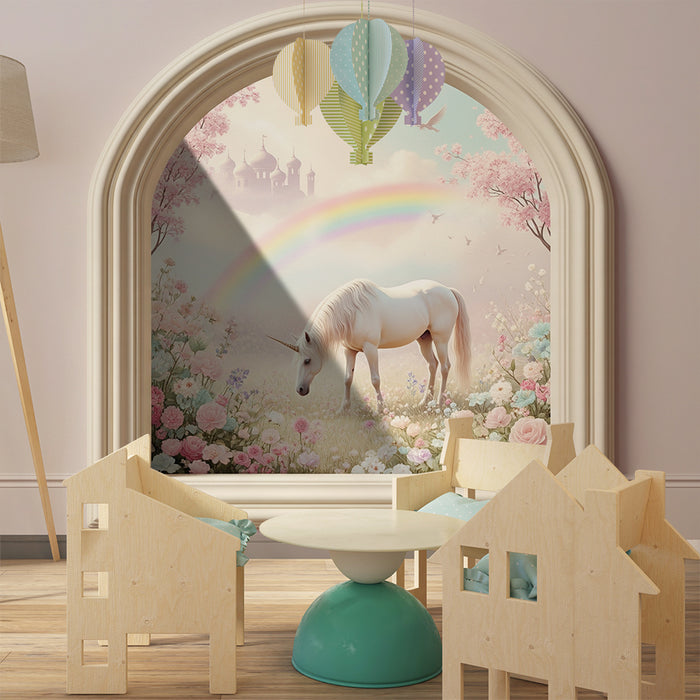 Papier peint chambre bébé | Licorne magique dans un jardin fleuri sous un arc-en-ciel