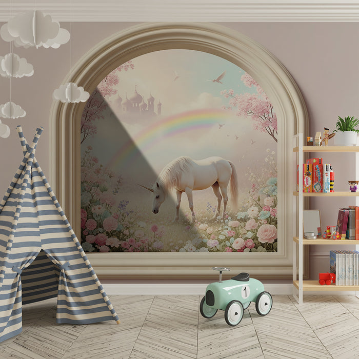 Papier peint chambre bébé | Licorne magique dans un jardin fleuri sous un arc-en-ciel
