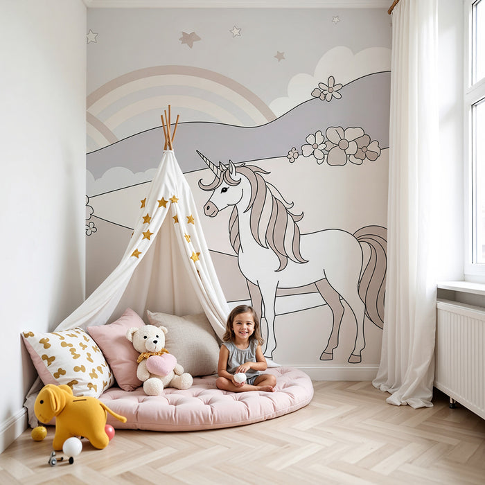 **Tapete fürs Babyzimmer | Magisches Einhorn in einer Märchenlandschaft**