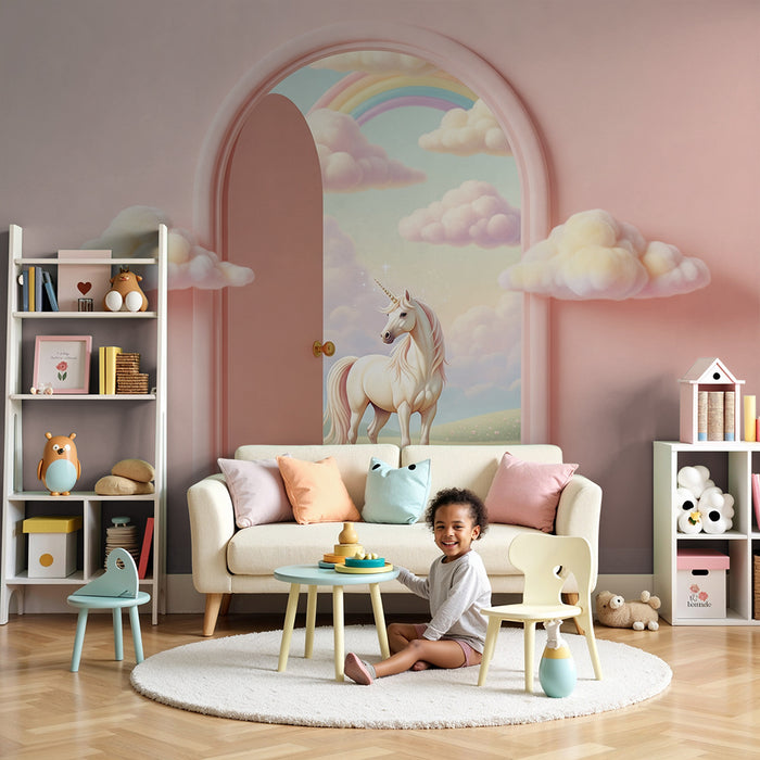 Papier peint chambre bébé | Licorne magique dans un paysage féerique avec arc-en-ciel