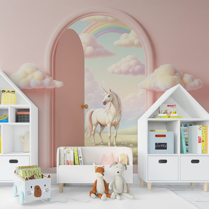 Papier peint chambre bébé | Licorne magique dans un paysage féerique avec arc-en-ciel