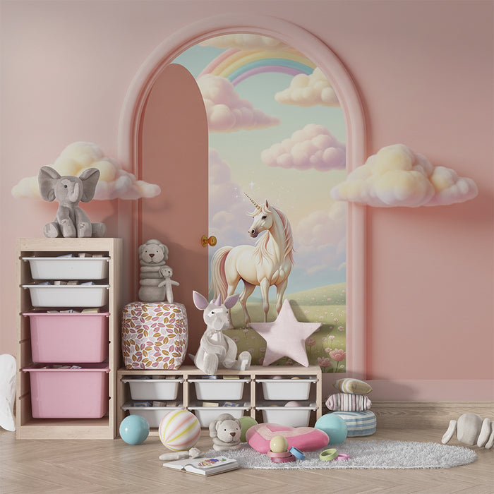 Papier peint chambre bébé | Licorne magique dans un paysage féerique avec arc-en-ciel