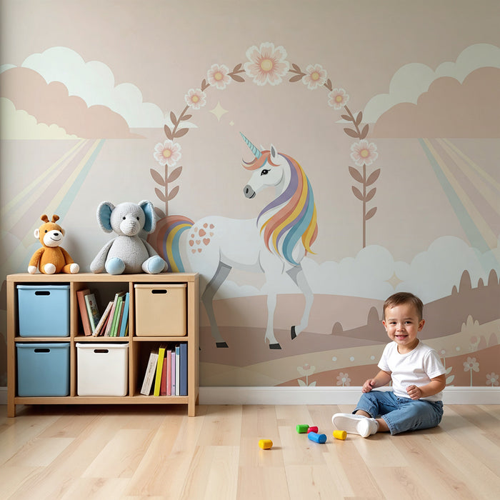 Papier peint chambre bébé | Licorne magique dans un paysage pastel enchanté