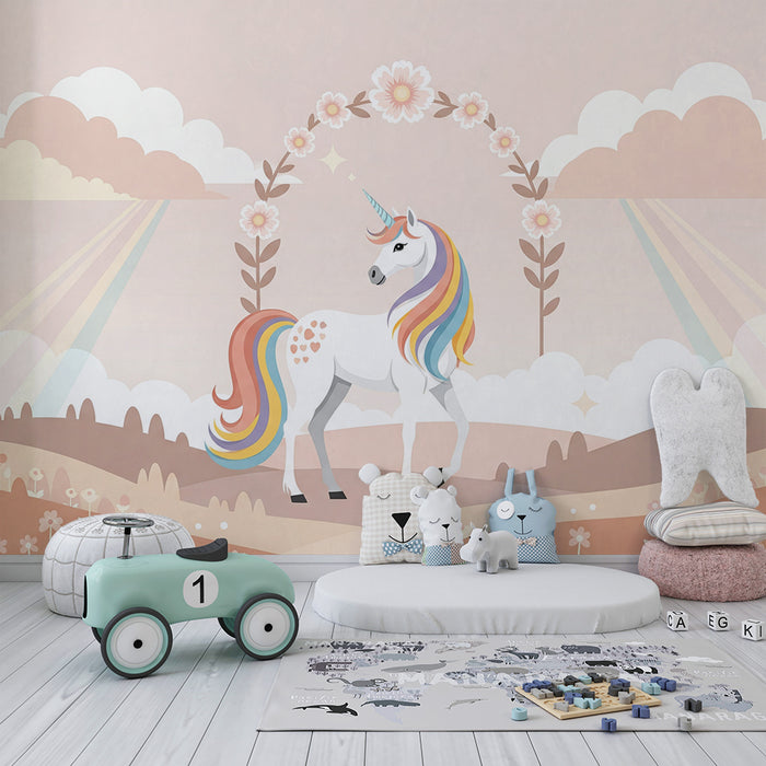 Papier peint chambre bébé | Licorne magique dans un paysage pastel enchanté