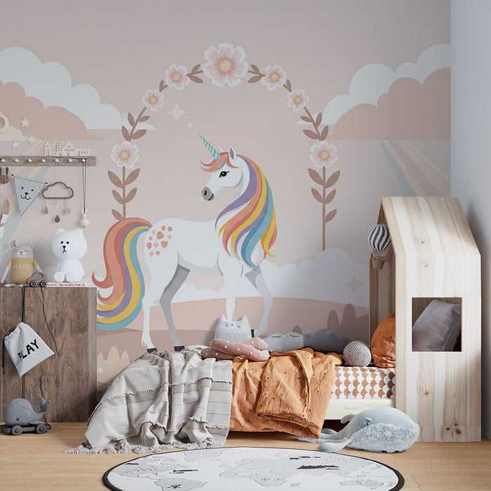 Papier peint chambre bébé | Licorne magique dans un paysage pastel enchanté