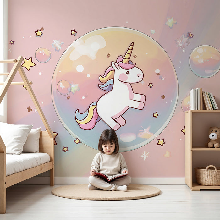 Papier peint chambre bébé | Licorne magique dans une bulle de rêve