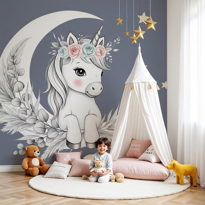Papel de parede quarto bebê | Магически еднорог под луната