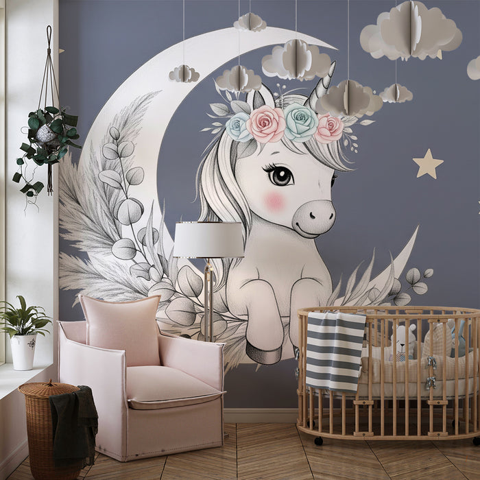 Papel de parede quarto bebê | Магически еднорог под луната