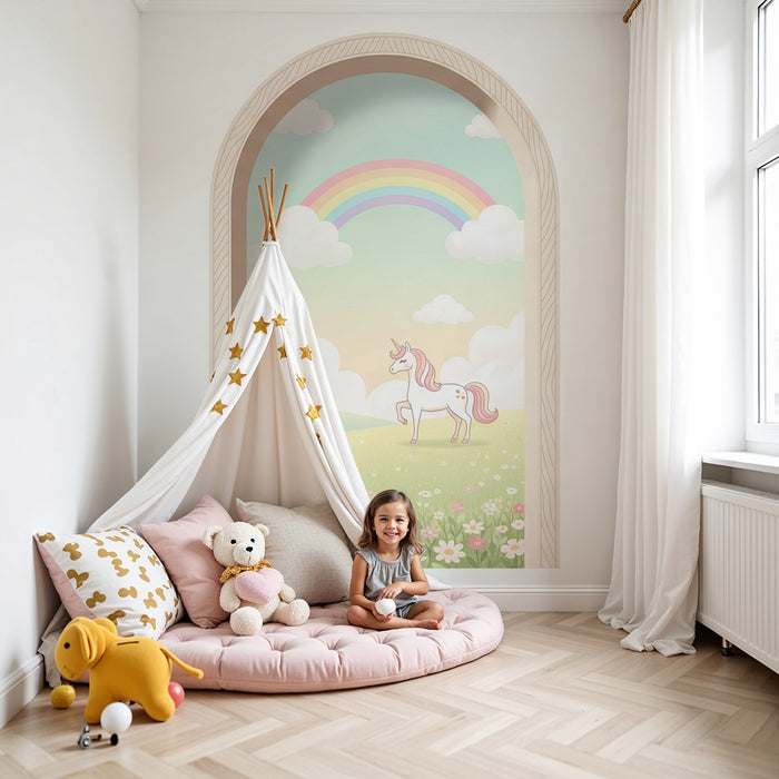 Papier peint chambre bébé | Licorne magique sous un arc-en-ciel