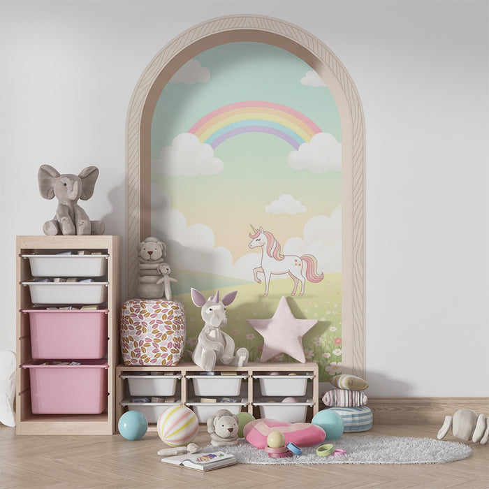 Papier peint chambre bébé | Licorne magique sous un arc-en-ciel