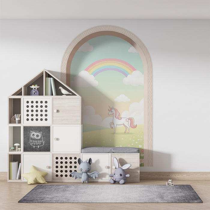 Papier peint chambre bébé | Licorne magique sous un arc-en-ciel