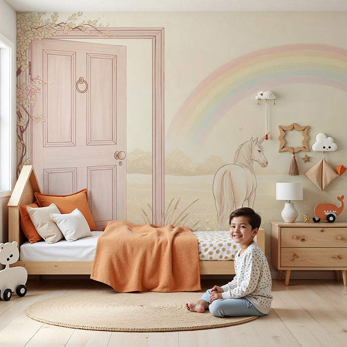 Papier peint chambre bébé | Licorne magique sous un arc-en-ciel dans un champ fleuri