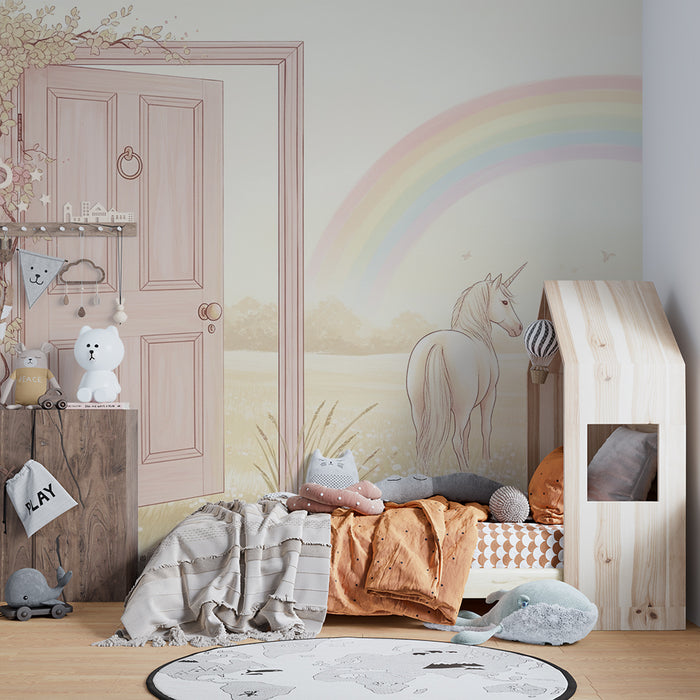 Papier peint chambre bébé | Licorne magique sous un arc-en-ciel dans un champ fleuri