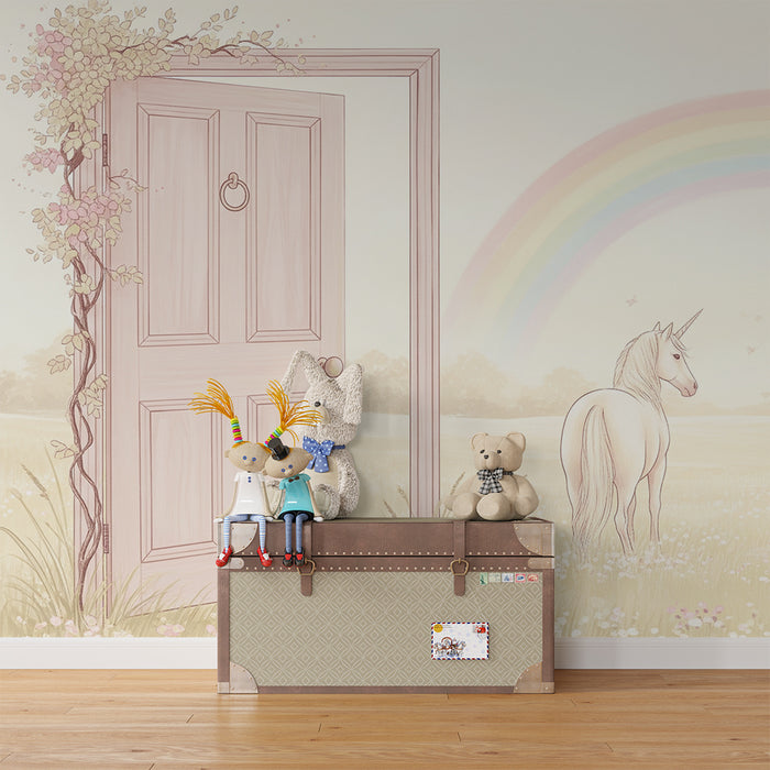 Papier peint chambre bébé | Licorne magique sous un arc-en-ciel dans un champ fleuri