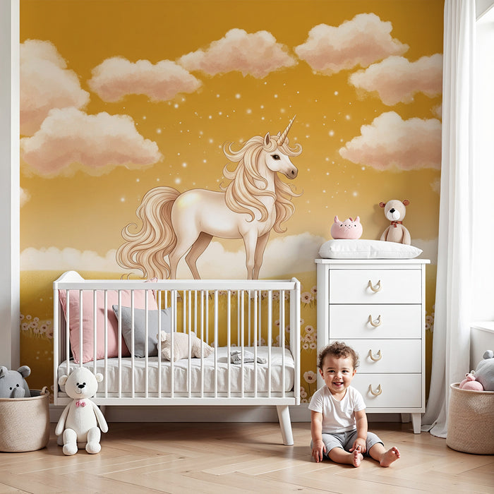 Papier peint chambre bébé | Licorne majestueuse dans un champ de fleurs pastel