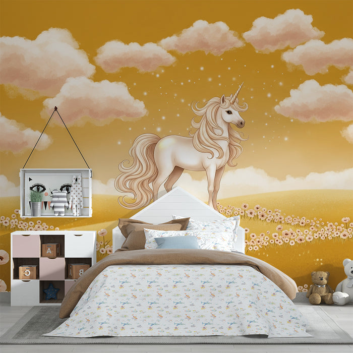 Papier peint chambre bébé | Licorne majestueuse dans un champ de fleurs pastel
