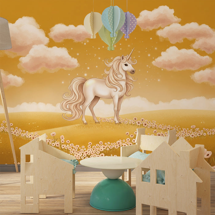 Papier peint chambre bébé | Licorne majestueuse dans un champ de fleurs pastel