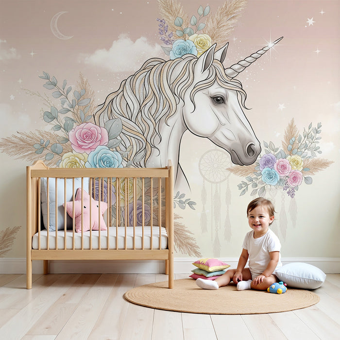 Babykamer behang | Majestueuze eenhoorn omringd door pastelbloemen en zachte wolken