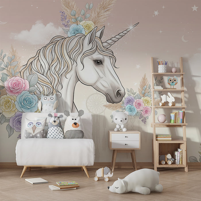 Babykamer behang | Majestueuze eenhoorn omringd door pastelbloemen en zachte wolken
