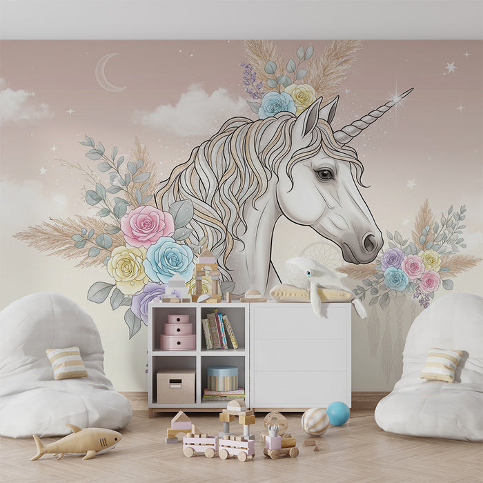 Babykamer behang | Majestueuze eenhoorn omringd door pastelbloemen en zachte wolken