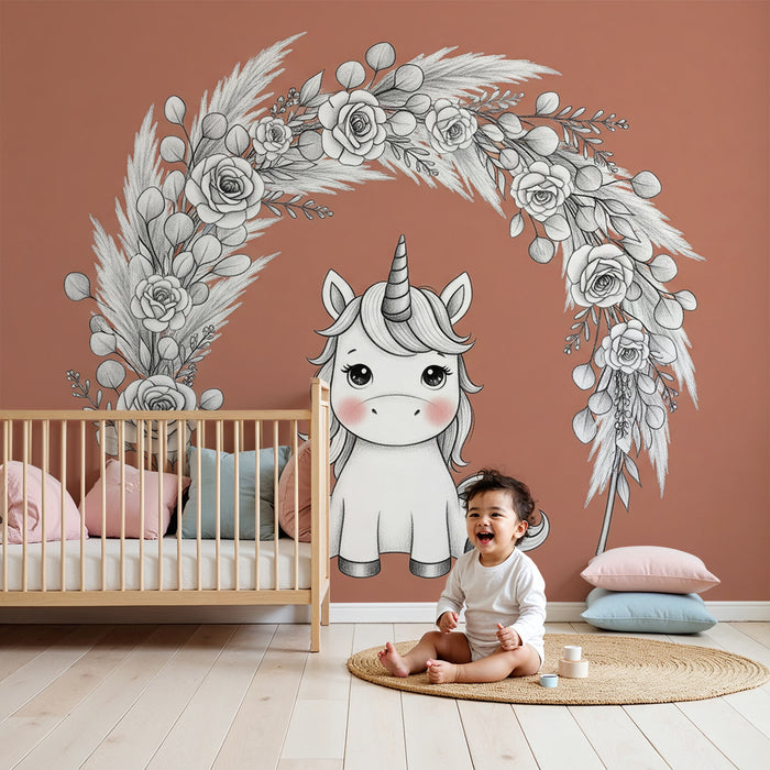 Babyzimmer Tapete | Niedliches Einhorn und zarte Blumen