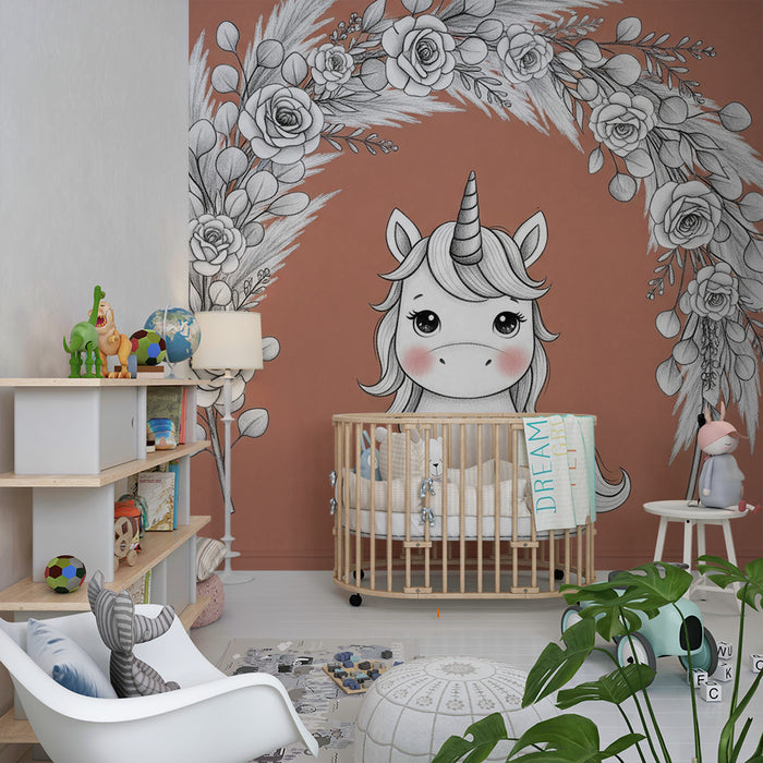 Babyzimmer Tapete | Niedliches Einhorn und zarte Blumen